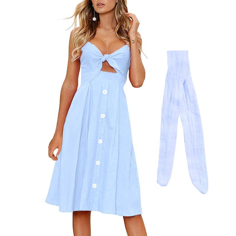 FANCYINN Women's Tie Front Dress Button Down Spaghetti Strap Cute Midi Dress A Line Swing Dress for Women Light Blue XS - Image 3